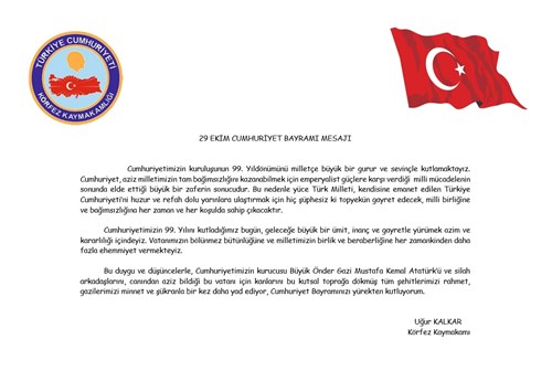 Kaymakamımız Uğur Kalkar'ın 29 Ekim Cumhuriyet Bayramı Mesajı